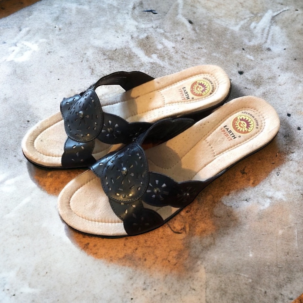 Earth Spirit black leather wedge sandals